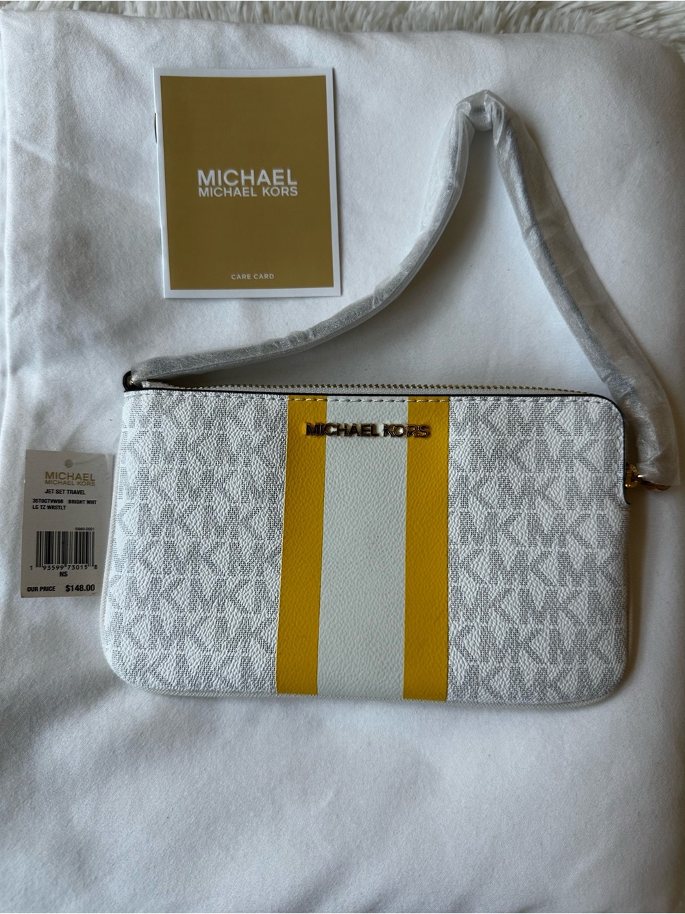 Michael Kors Jet Set Travel Large Logo Stripe Wristlet White Yellow